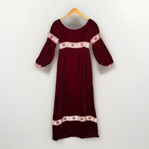 Vtg 70s Maxi Dress Womens XS Burgundy Velvet Renaissance Faire Fantasy Cosplay